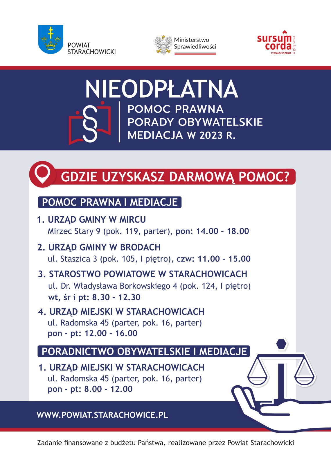 Szukasz pomocy lub wsparcia prawnego w trudnej sprawie? Nie stać się na skorzystanie z usług kancelarii prawnej i nie masz się do kogo zwrócić o pomoc? Zapraszamy do korzystania z punktów nieodpłatnej pomocy prawnej i poradnictwa obywatelskiego na terenie Powiatu Starachowckiego.  Znajdziesz tam profesjonalną i darmową pomoc radców prawnych, adwokatów, mediatorów oraz osób zajmujących się poradnictwem obywatelskim. Pomoc świadczona jest na podstawie ustawy z dnia 5 sierpnia 2015 roku o nieodpłatnej pomocy prawnej, nieodpłatnym poradnictwie obywatelskim oraz edukacji prawnej.