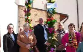 Palmowa tradycja ma się dobrze! W Niedzielę Palmową kości&oacute;ł w Krynkach rozświetlił się kolorami aż 14 wysokich palm, kt&oacute;re przynieśli przedstawiciele naszych sołectw.  9