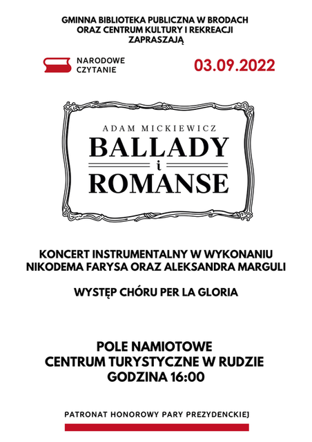 Narodowe Czytanie - A. Mickiewicz 'Ballady i Romanse" - plakat wydarzenia na terenie Centrum Turystycznego nad Zalewem Brodzkim
