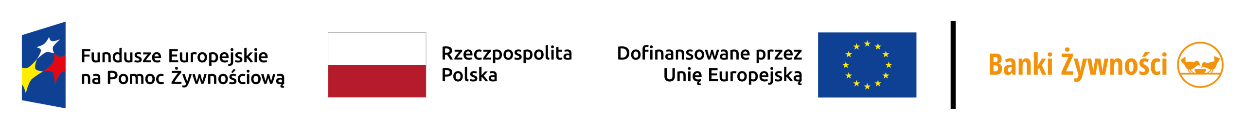 Logotypy: Fundusze Europejskie na&nbsp;pomoc żywnościową, Rzeczpospolita Polska, Dofinansowane przez Unię Europejską, Banki Żywności.