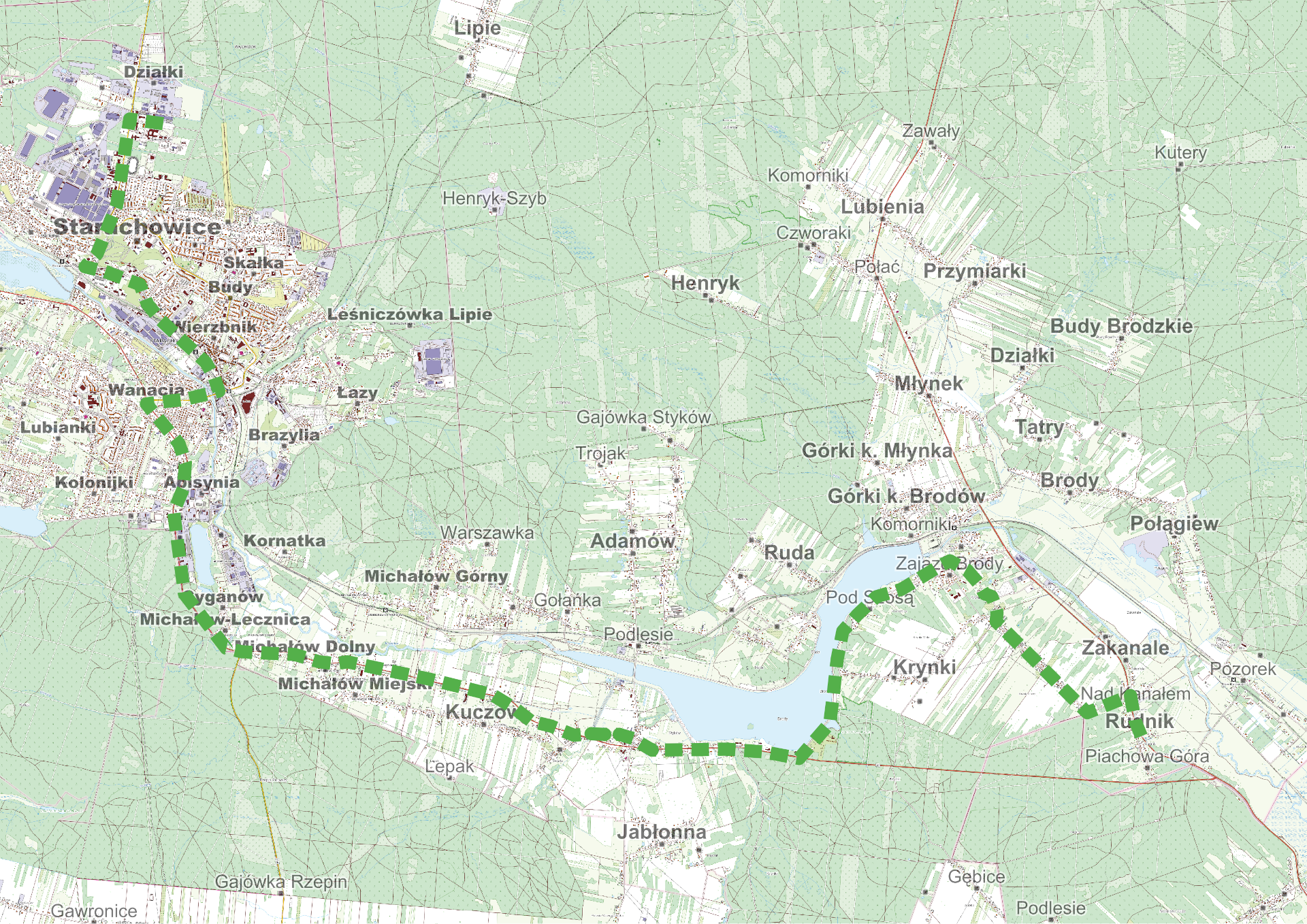 Trasa Rudnik - Brody - Kuczów - Starachowice. Mapa z naniesioną orientacyjną trasą linii.