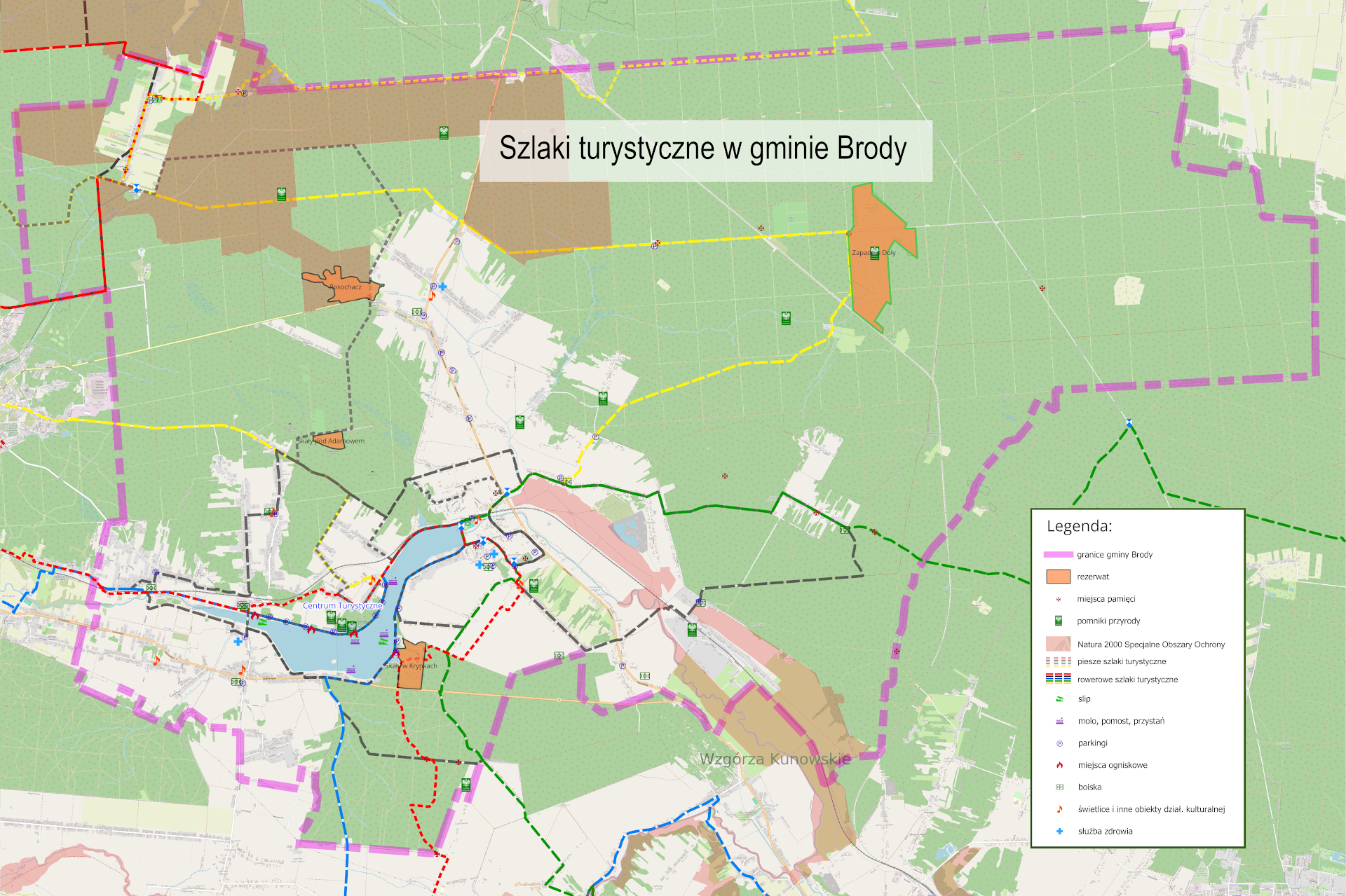 Mapa - oficjalne szlaki piesze i&nbsp;rowerowe biegnące przez gminę Brody - woj. świętokrzyskie.