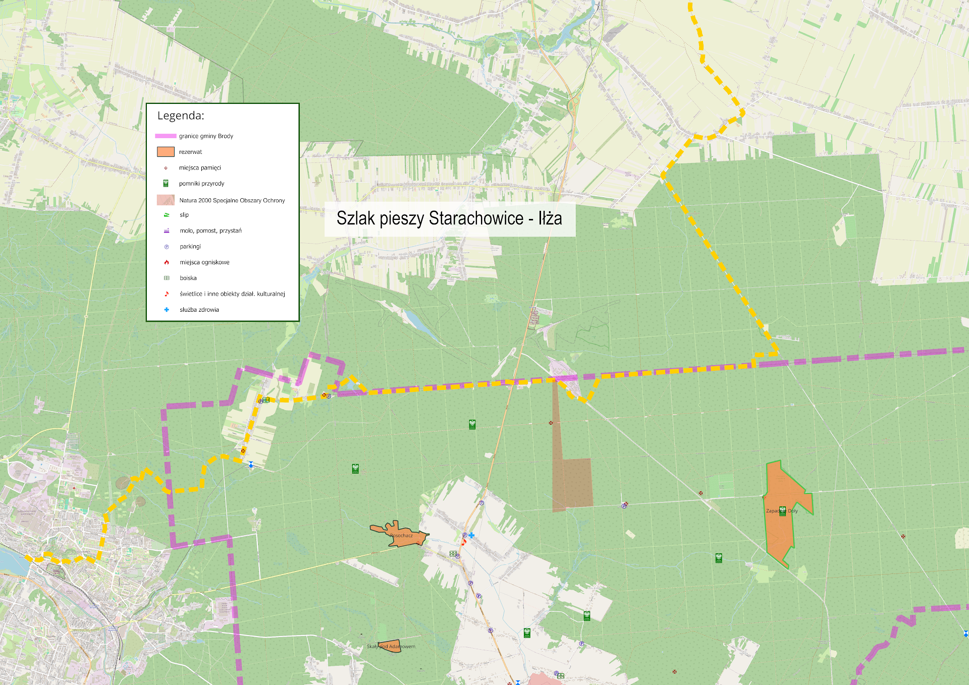 Mapa przebiegu żółtego szlaku pieszego Starachowice - Iłża.