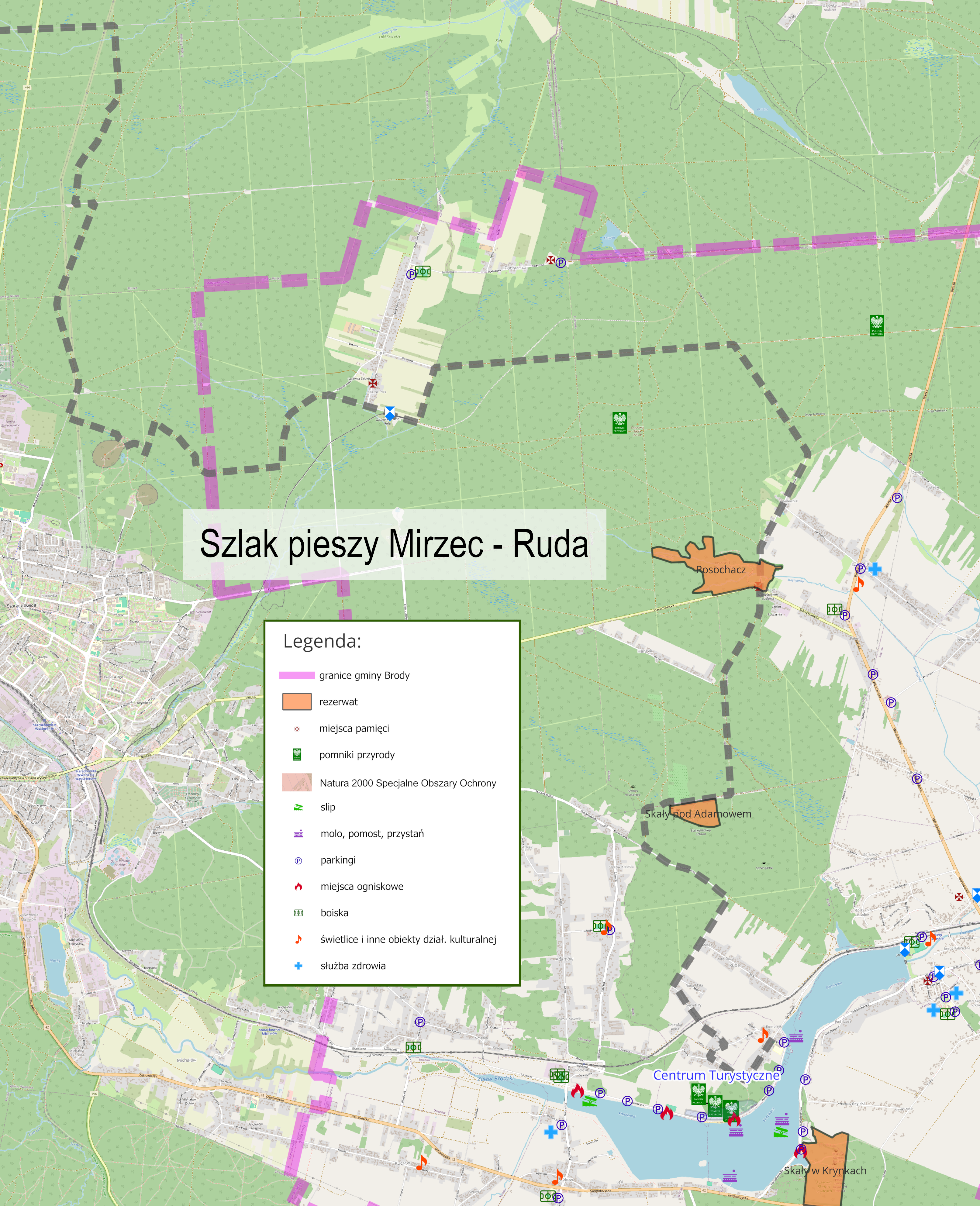 Mapa przebiegu szlaku czarnego Ruda - Mirzec. Szlak, w&nbsp;dużej części biegnie przez gminę Brody - świętokrzyskie