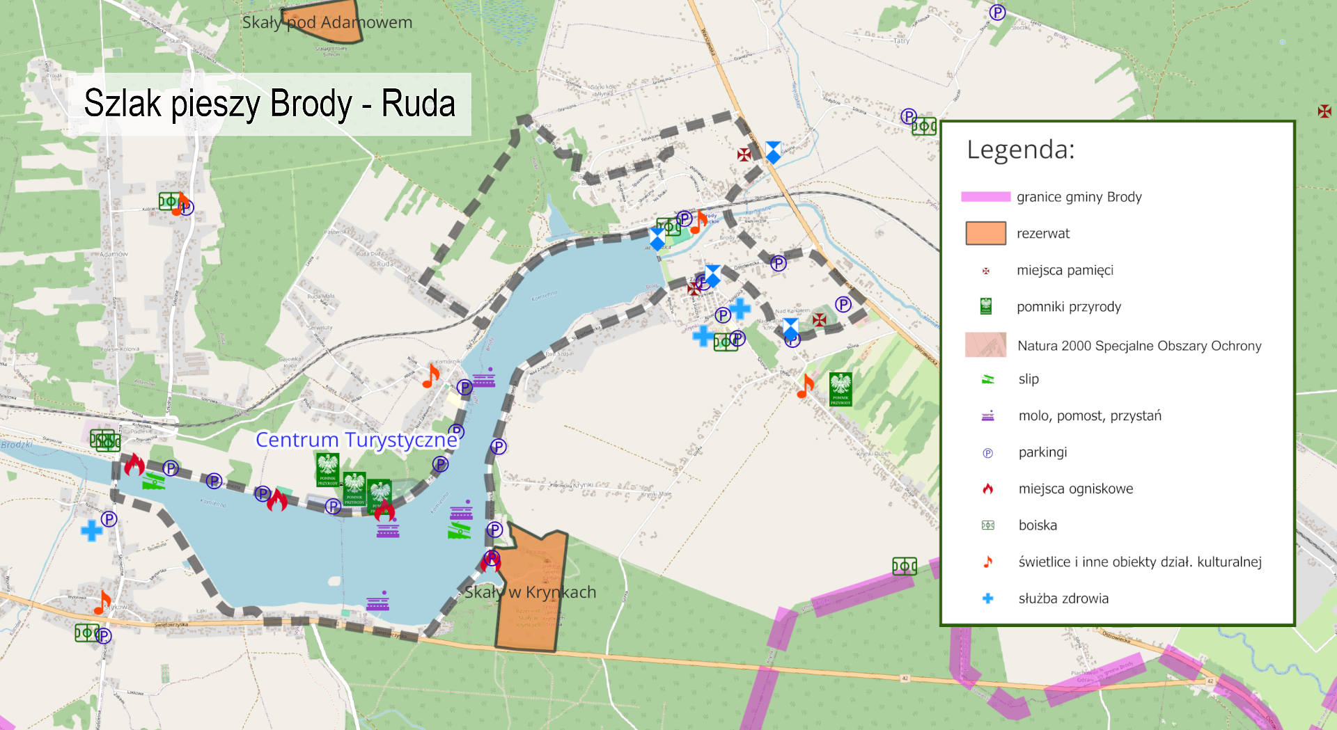 Mapa przebiegu szlaku zielonego, pieszo-rowerowego Brody - Ruda. (gmina Brody - świętokrzyskie).