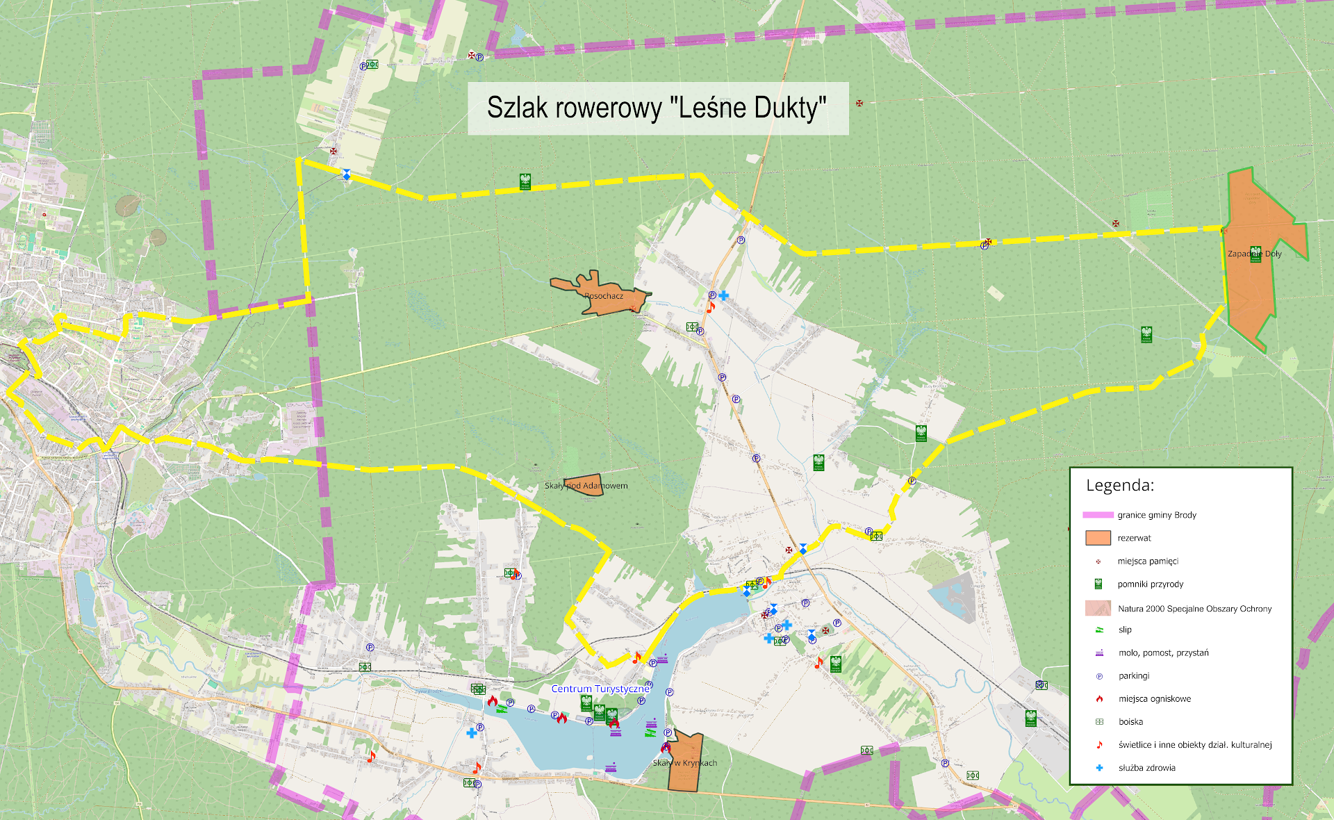 Mapa szlaku rowerowego "Leśne Dukty", kt&oacute;ry w&nbsp;znacznej części biegnie przez gminę Brody (świętokrzyskie).