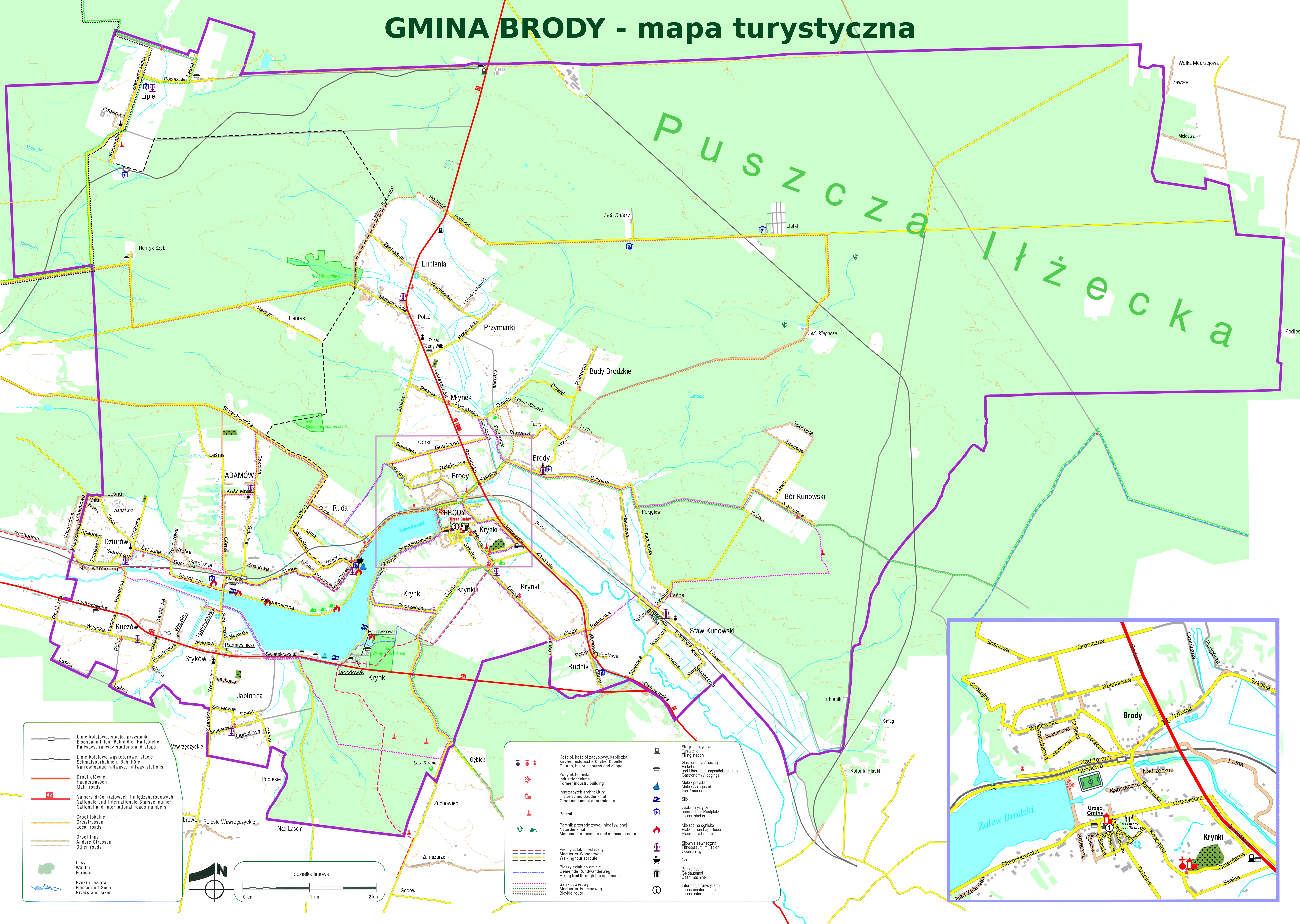 Mapa turystyczna gminy Brody z nazwami ulic