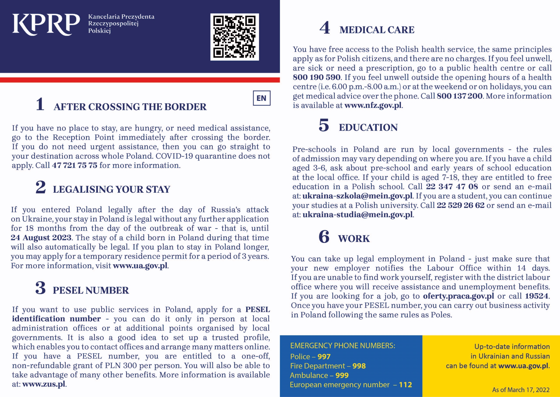 Ulotka w języku angielskim  na temat pobytu Ukraińców w Polsce: numer PESEL, opieka medyczna, edukacja i praca. / Leaflet in English on the stay of Ukrainians in Poland: PESEL number, medical care, education and work.