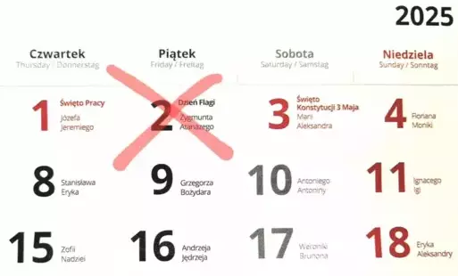 Zdjęcie kalendarza na maj 2025 r. z przekreślonym dniem 2 maja.