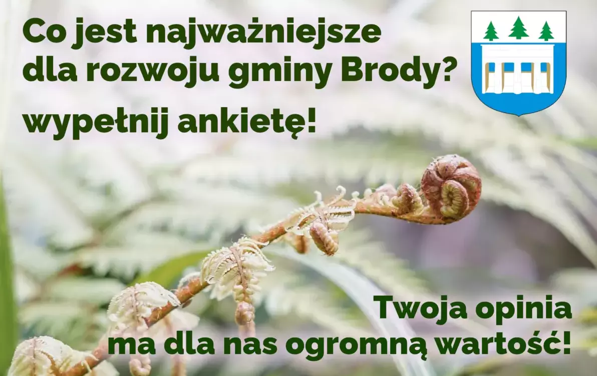 Zdjęcie rozwijającego się liścia z napisami: 'Co jest najważniejsze dla rozwoju gminy Brody? Wypełnij ankietę! Twoja opinia ma dla nas ogromną wartość!