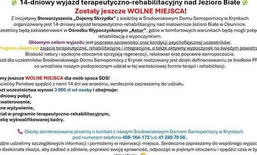 Zdjęcie do Stowarzyszenie &bdquo;Dajemy Skrzydła&rdquo; zaprasza na wyjazd terapeutyczno-rehabilitacyjny nad Jezioro Białe