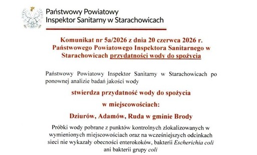 Komunikat dotyczący przydatności wody do spożycia